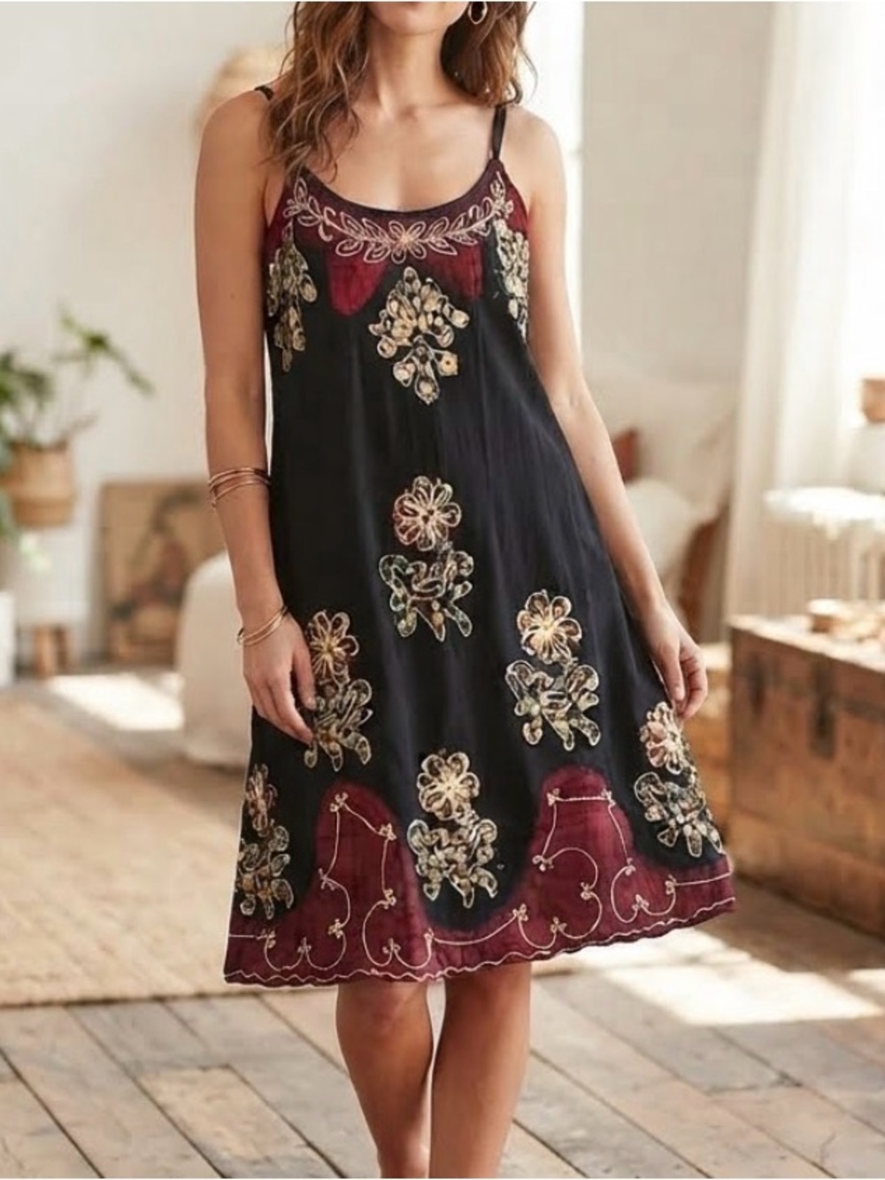 Boho Batik Embroidered Sleeveless Mini Dress with Spaghetti Straps 0370